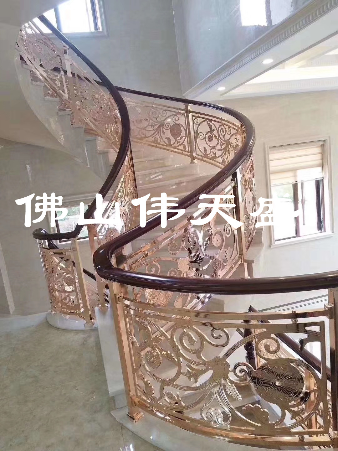 别墅会所轻奢玫瑰金铝雕造型护栏高端定制